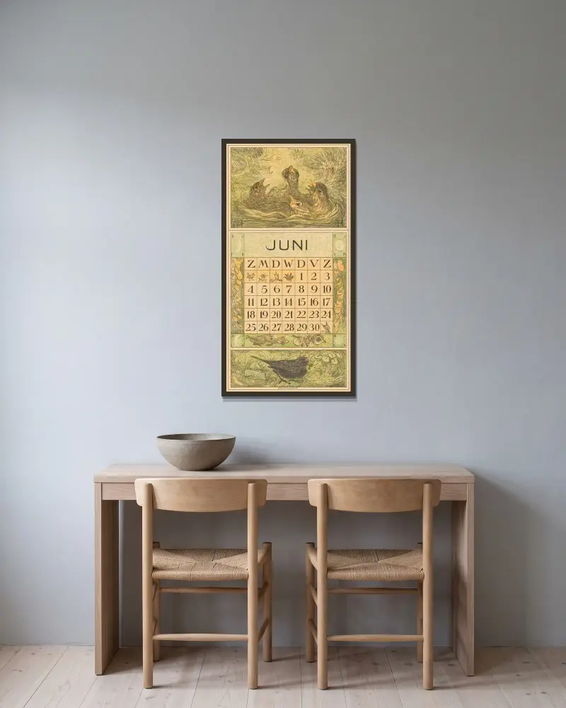 Kalenderblatt Juni mit jungen Vögeln in einem Nest von Theo van Hoytema gerahmt an einer Wand