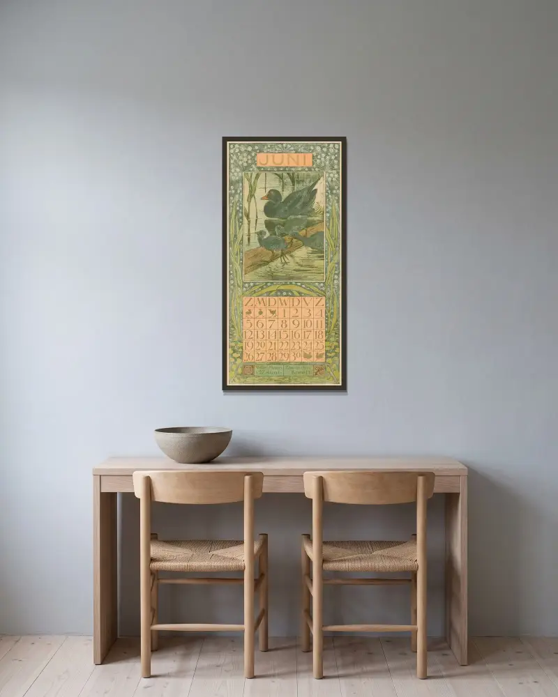 Kalenderblatt Juni mit Trauerente von Theo van Hoytema gerahmt an einer Wand