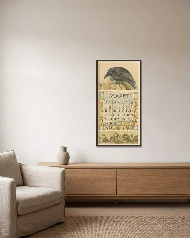 Kalenderblatt März mit Krähe von Theo van Hoytema gerahmt an einer Wand