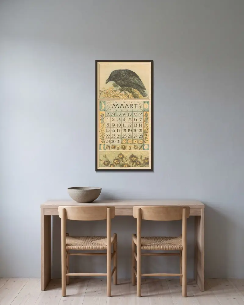 Kalenderblatt März mit Krähe von Theo van Hoytema gerahmt an einer Wand