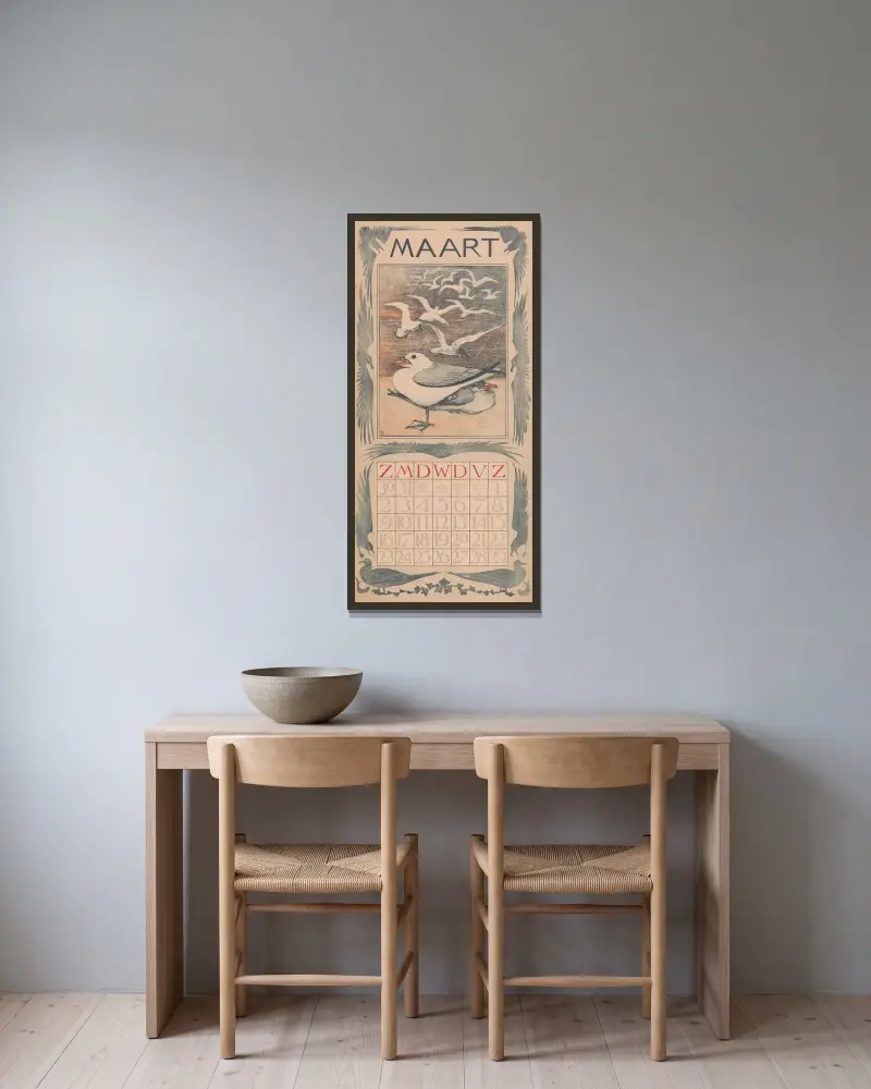 Kalenderblatt März mit Möwen von Theo van Hoytema gerahmt an einer Wand