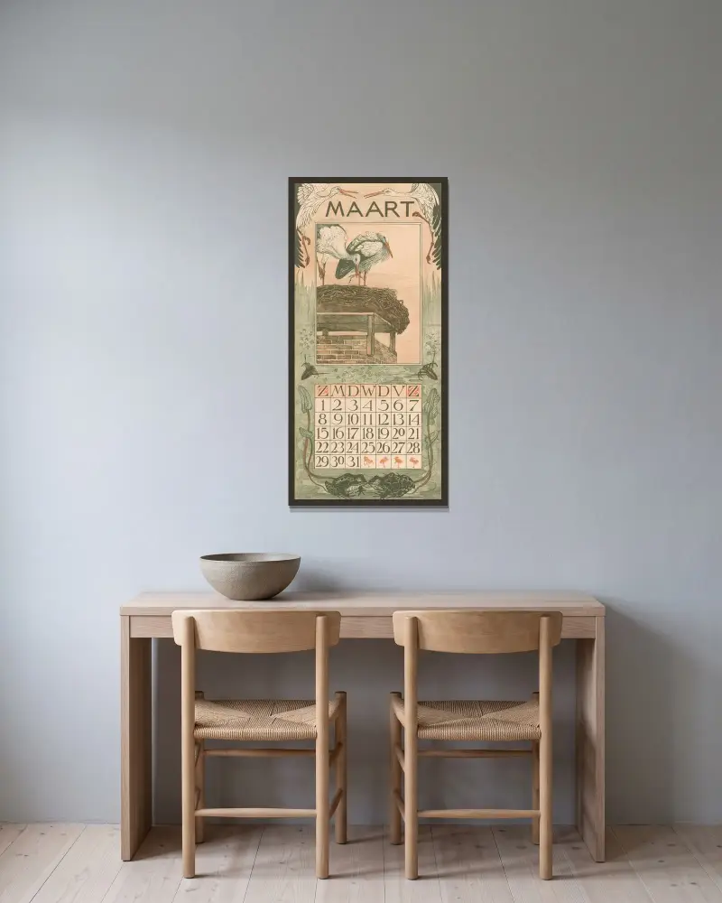 Kalenderblatt März mit Störchen von Theo van Hoytema gerahmt an einer Wand