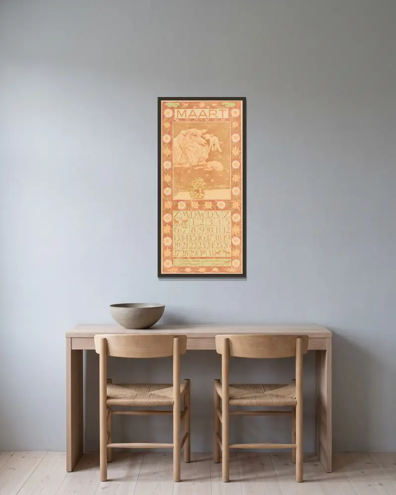 Kalenderblatt März mit Schaf und Lamm von Theo van Hoytema gerahmt an einer Wand