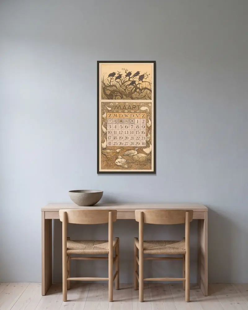 Kalenderblatt März mit Staren und Enten von Theo van Hoytema gerahmt an einer Wand