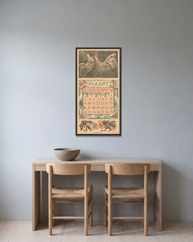 Kalenderblatt März mit zwei Hähnen, 1912 von Theo van Hoytema gerahmt an einer Wand