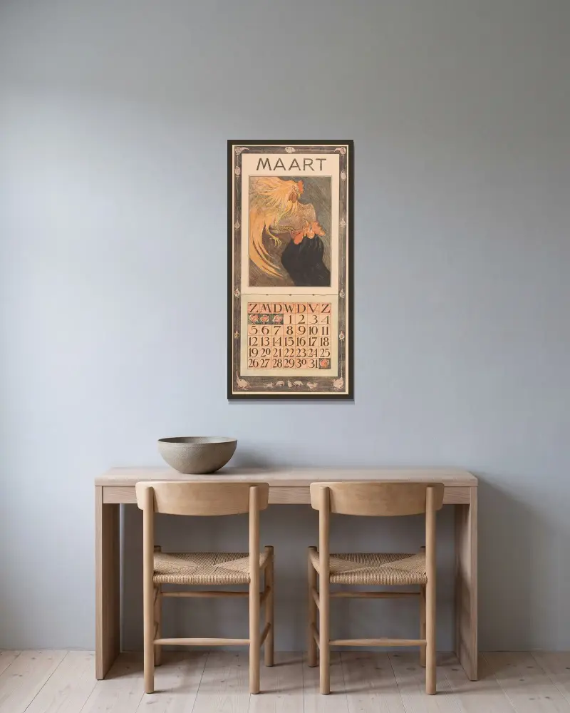 Kalenderblad mars med två tuppar av Theo van Hoytema inramad på en vägg