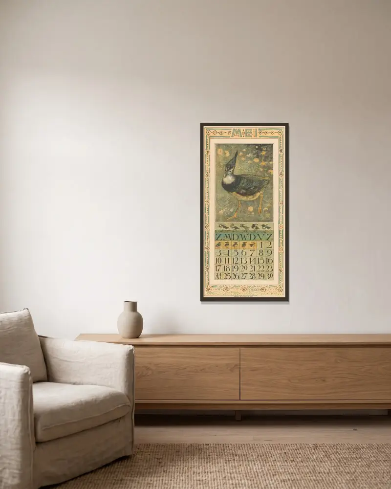 Kalenderblatt Mai mit Kiebitz von Theo van Hoytema gerahmt an einer Wand