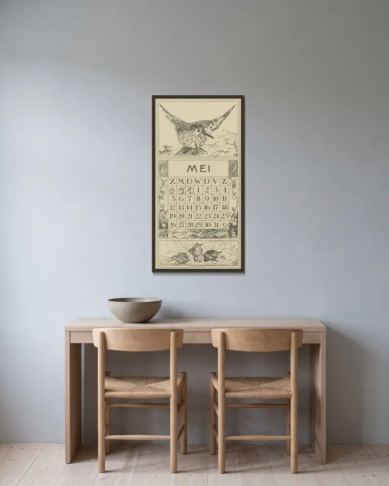 Kalenderblatt Mai mit fliegendem Vogel von Theo van Hoytema gerahmt an einer Wand