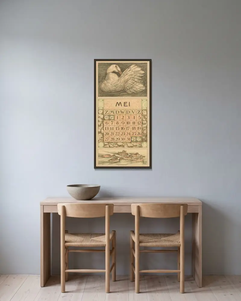 Kalenderblatt Mai mit weißer Ente von Theo van Hoytema gerahmt an einer Wand