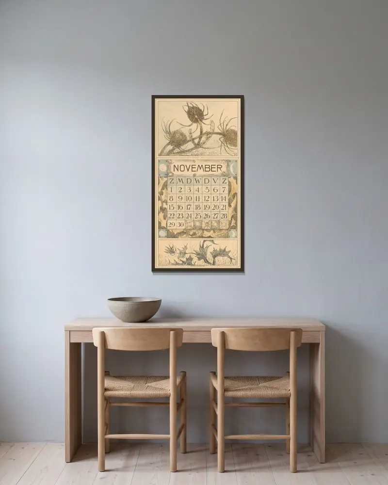 Kalenderblad november met distel av Theo van Hoytema inramad på en vägg