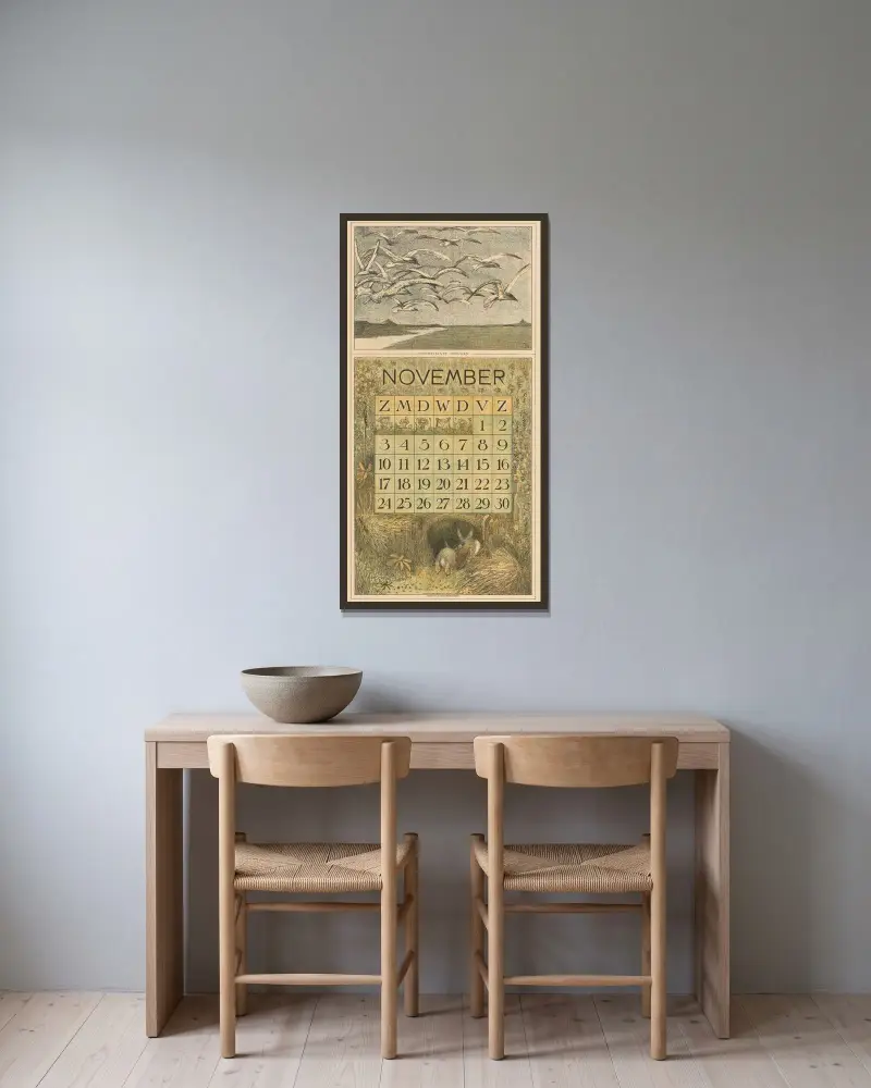 Kalenderblad november med måsar och kaniner av Theo van Hoytema inramad på en vägg