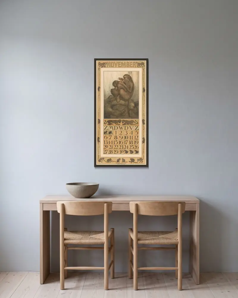 Kalenderblatt November mit sich lausenden Affen von Theo van Hoytema gerahmt an einer Wand