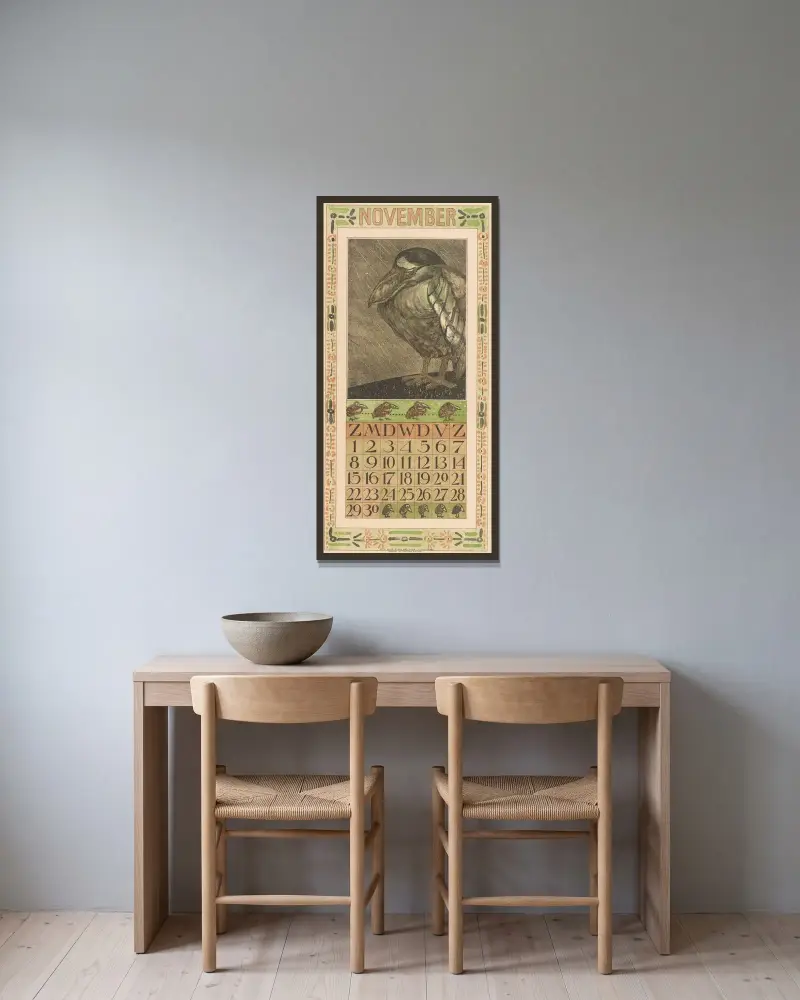 Kalenderblatt November mit Vogel im Regen von Theo van Hoytema gerahmt an einer Wand