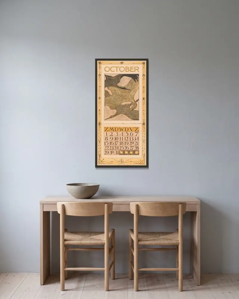 Oktober-Kalenderblatt mit drei Vögeln von Theo van Hoytema gerahmt an einer Wand