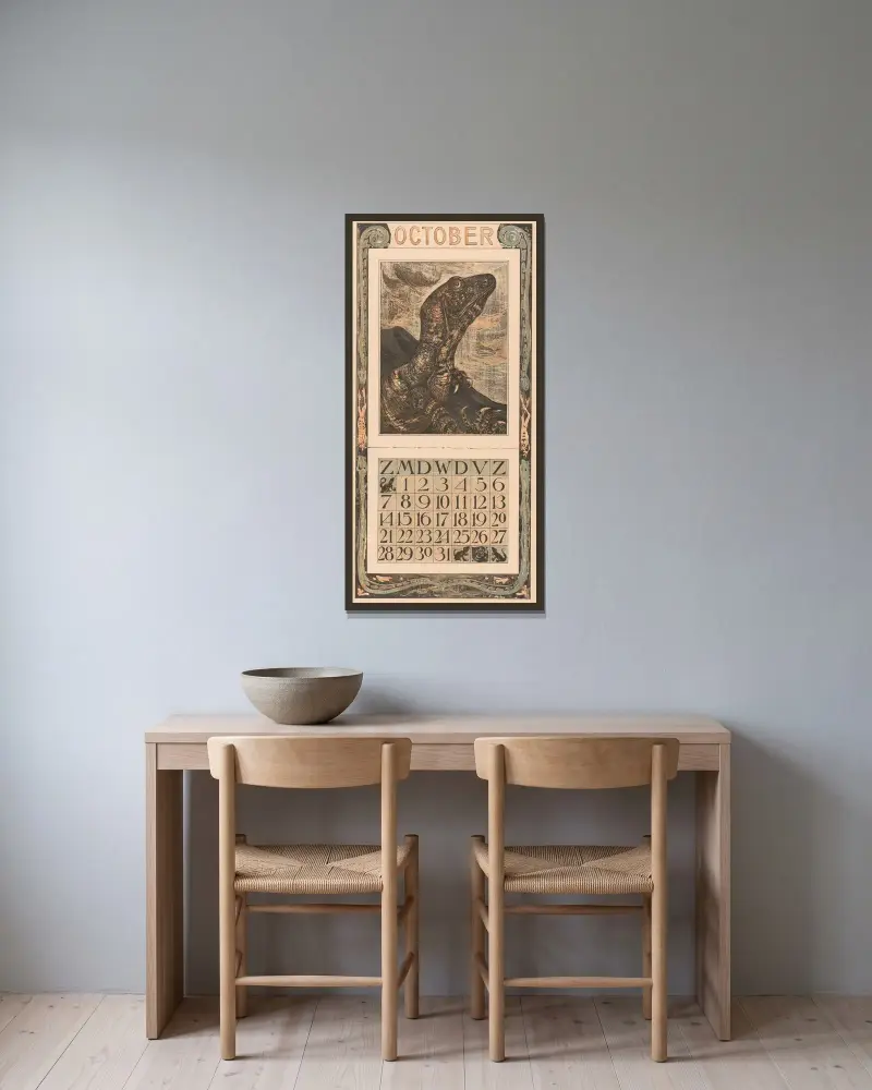 Oktober-Kalenderblatt mit Leguan von Theo van Hoytema gerahmt an einer Wand