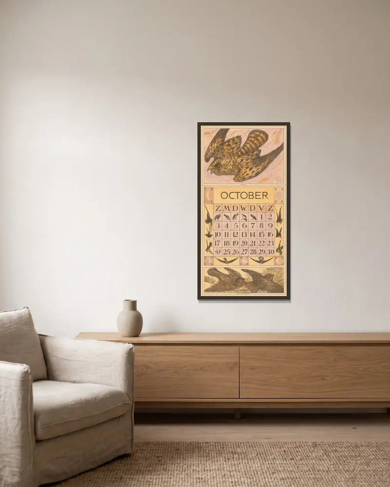 Oktober-Kalenderblatt mit Turmfalke von Theo van Hoytema gerahmt an einer Wand