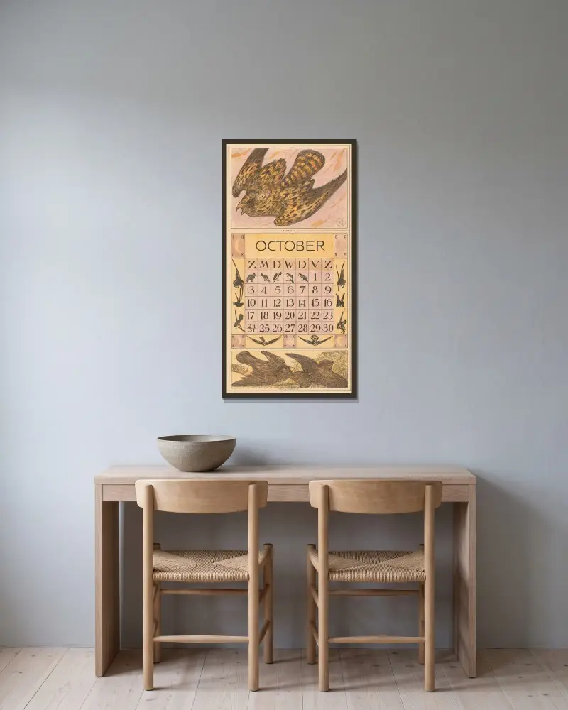 Oktober-Kalenderblatt mit Turmfalke von Theo van Hoytema gerahmt an einer Wand
