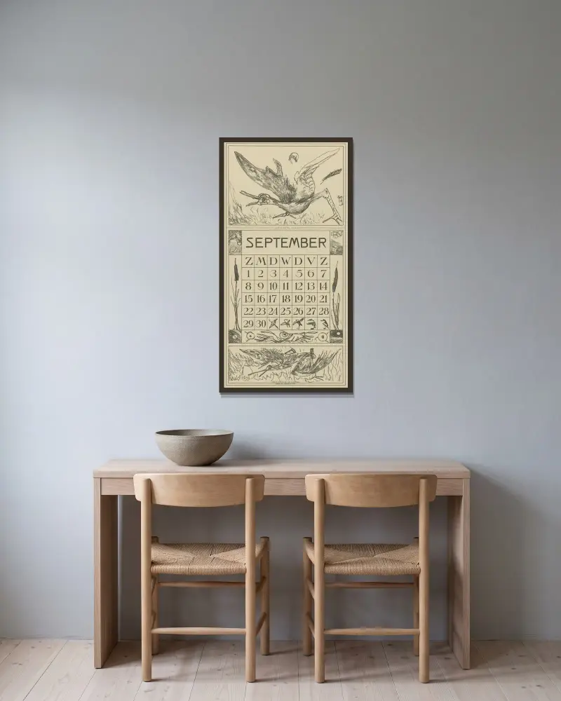 Septemberblatt mit berauschtem Vogel von Theo van Hoytema gerahmt an einer Wand