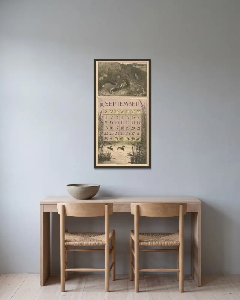 Kalenderblatt September mit Kaninchen von Theo van Hoytema gerahmt an einer Wand