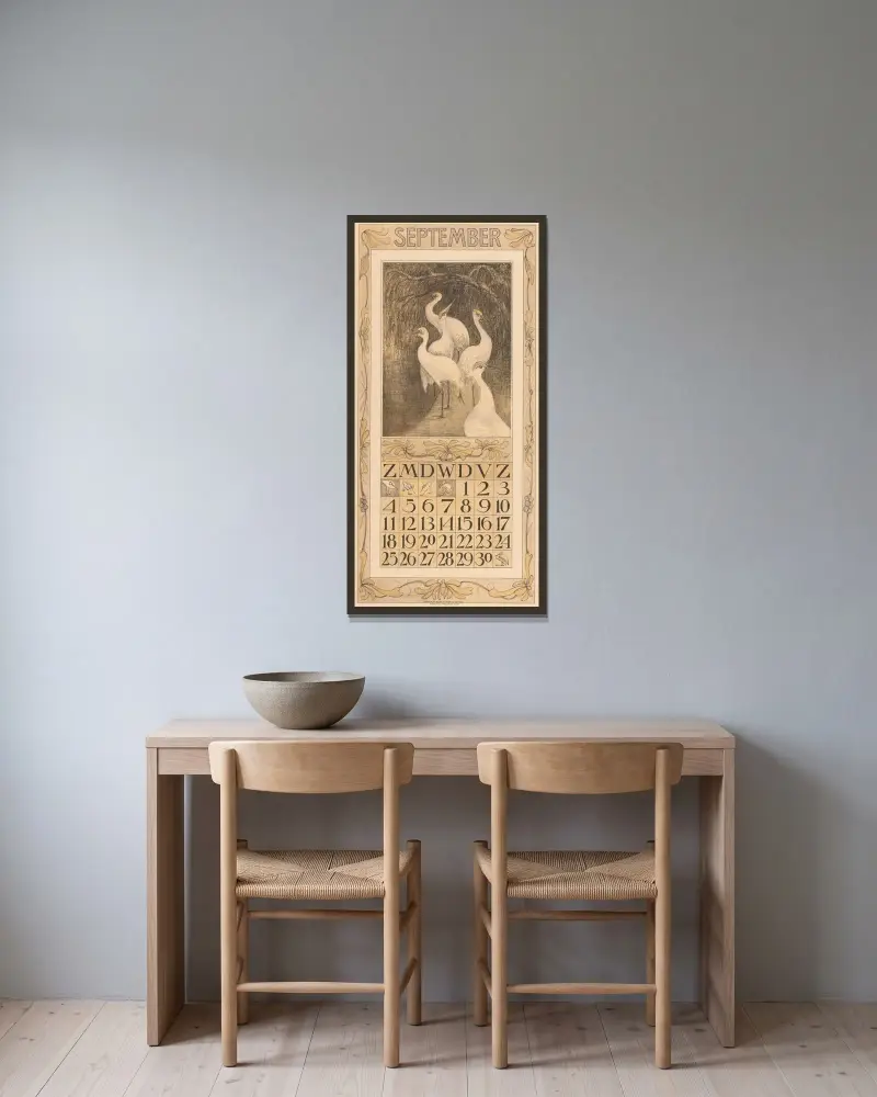 Septemberblatt mit Kranichen von Theo van Hoytema gerahmt an einer Wand