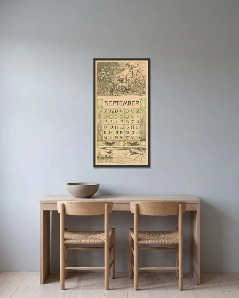 Kalenderblad september med vattenfåglar bland vassen av Theo van Hoytema inramad på en vägg