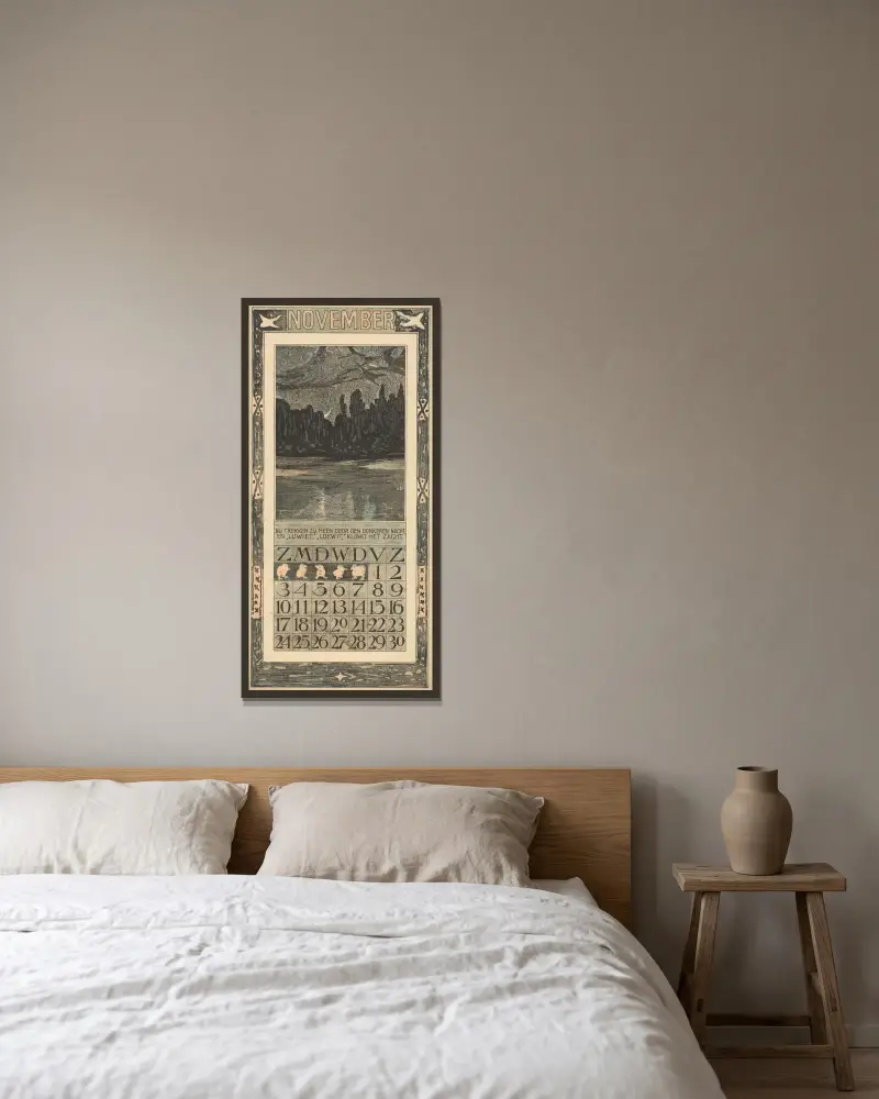 Kalenderblad för november 1907 med flyttfåglar i nattlandskap av Theo van Hoytema inramad på en vägg