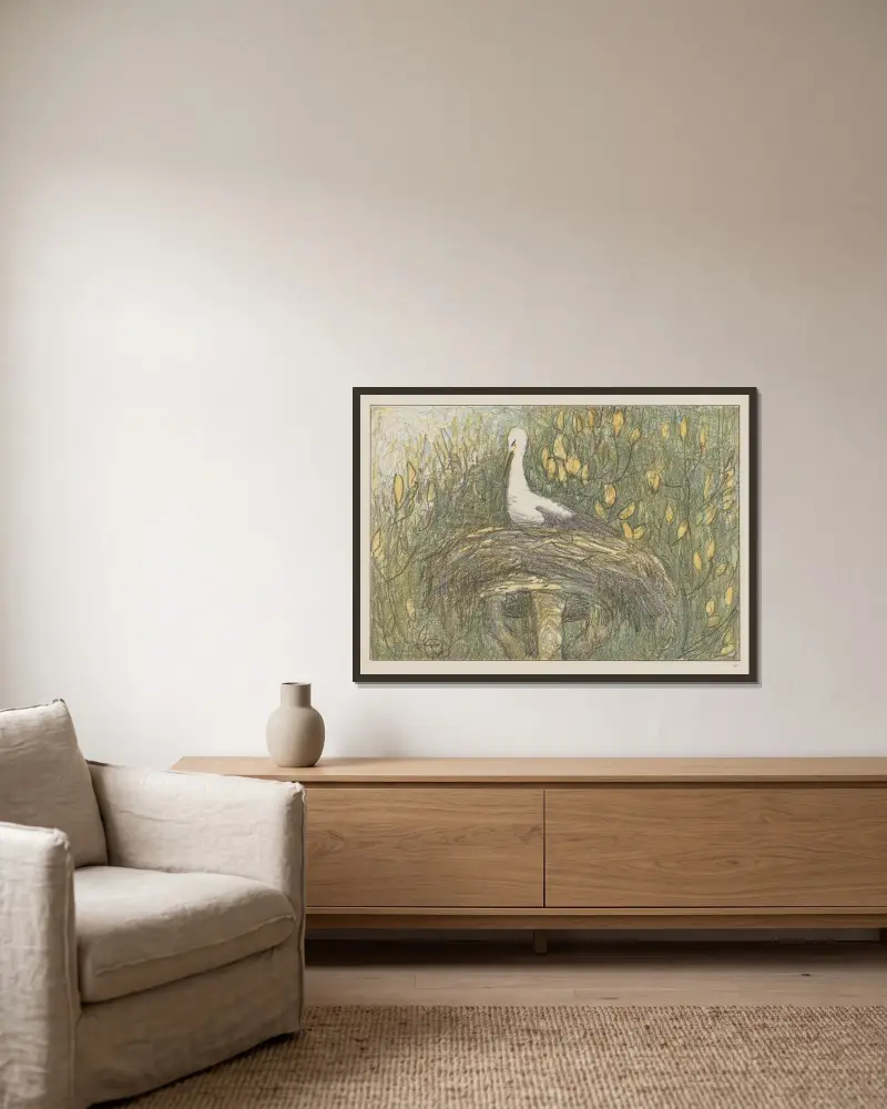 Storch im Nest von Theo van Hoytema gerahmt an einer Wand