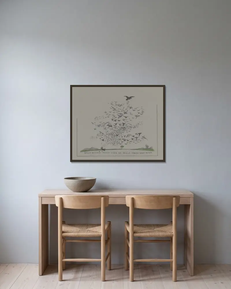 Bei einem gegebenen Zeichen flog der ganze Schwarm nach oben von Theo van Hoytema gerahmt an einer Wand