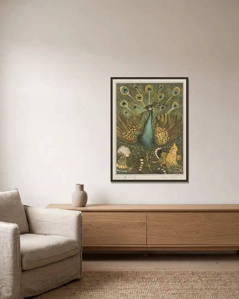 Pfau mit Küken von Theo van Hoytema gerahmt an einer Wand