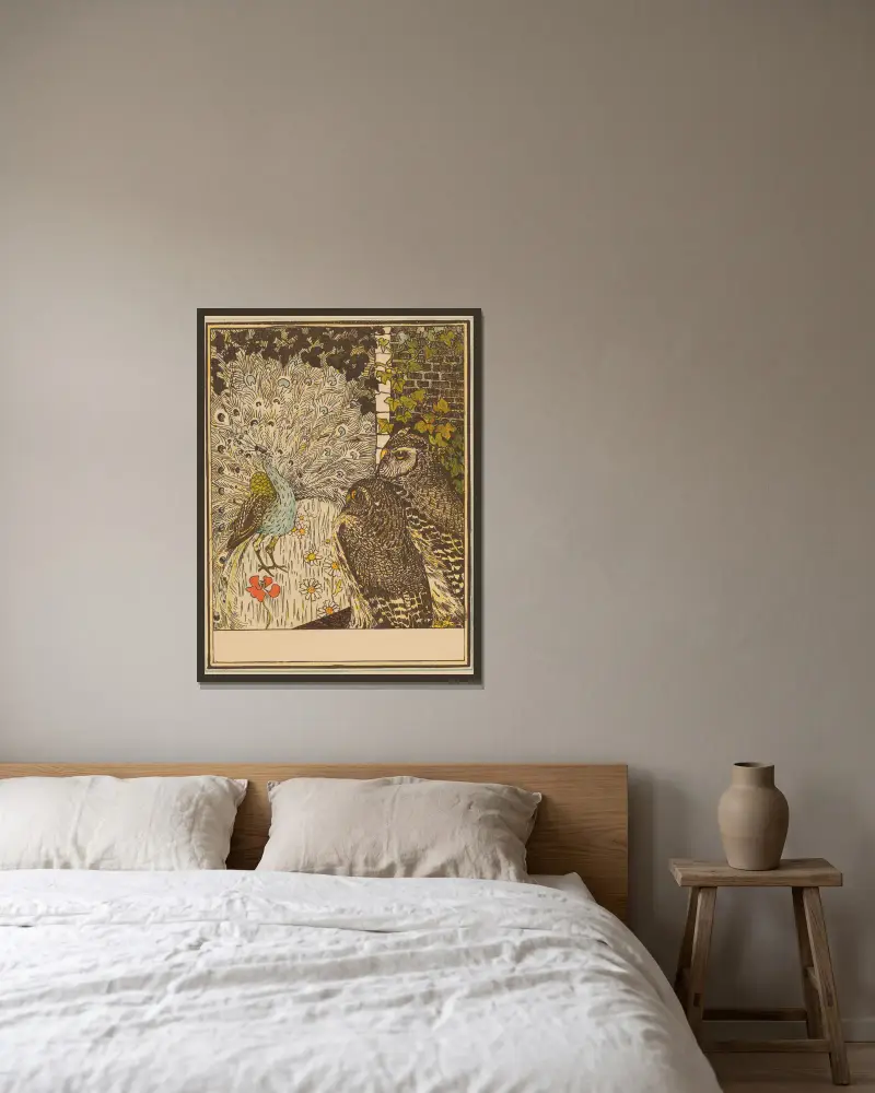 Pfau und zwei Eulen von Theo van Hoytema gerahmt an einer Wand
