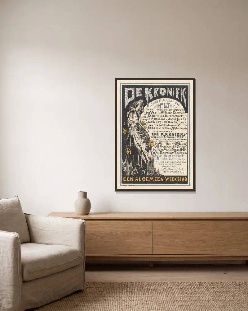 Werbeplakat für „De Kroniek“ von Theo van Hoytema gerahmt an einer Wand