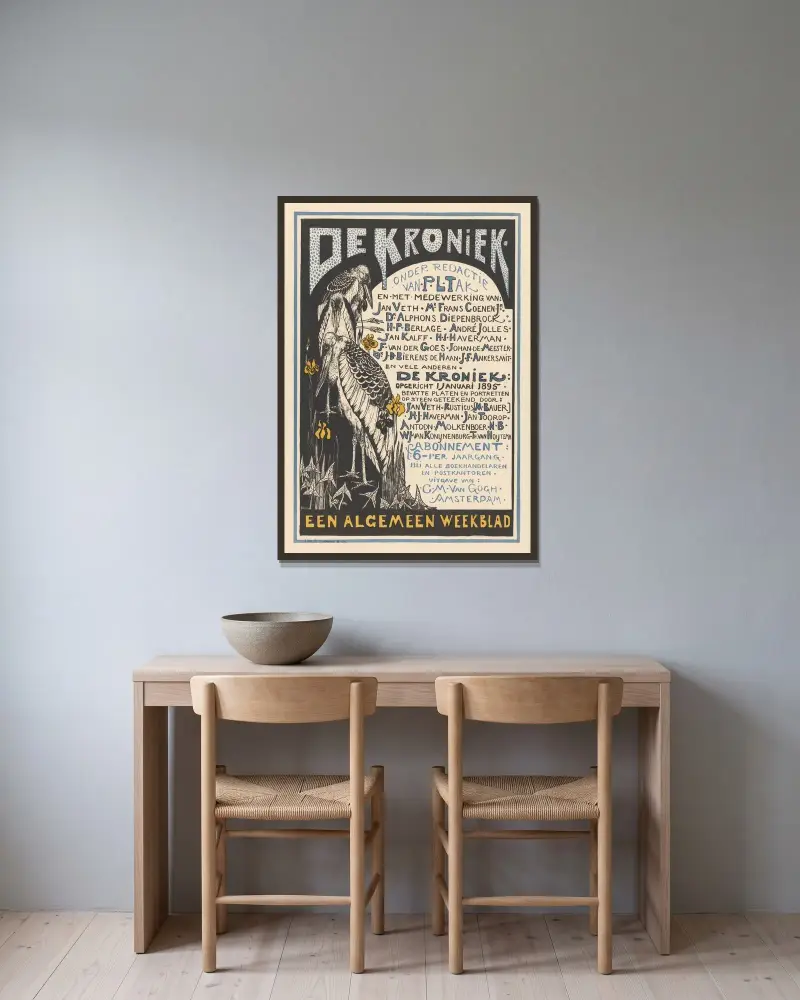 Werbeplakat für „De Kroniek“ von Theo van Hoytema gerahmt an einer Wand