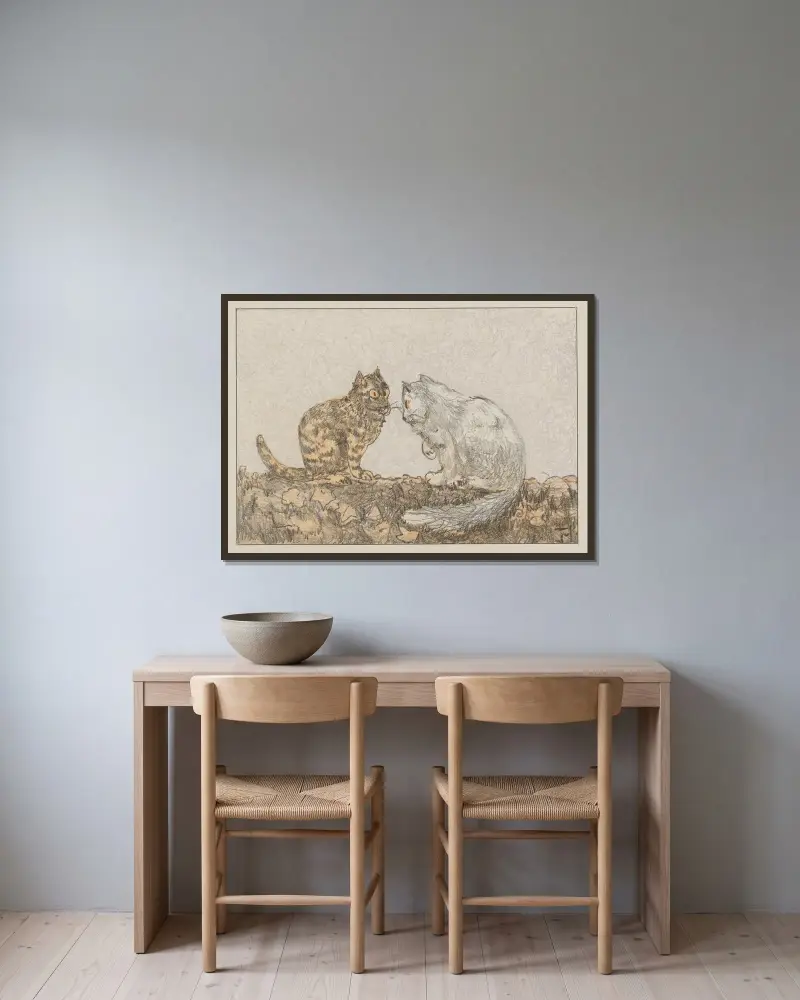 Två katter på en mur av Theo van Hoytema inramad på en vägg