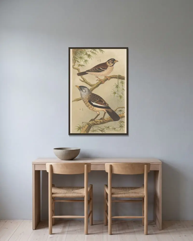 Zwei Vögel auf Zweigen von Theo van Hoytema gerahmt an einer Wand