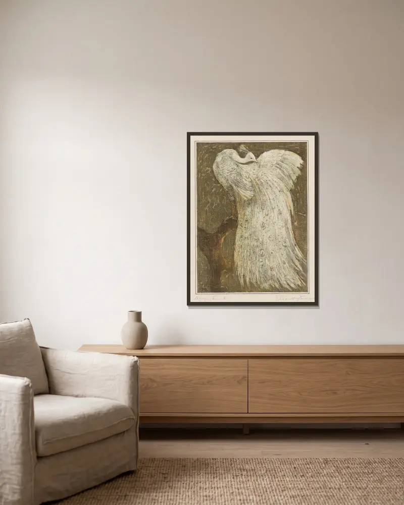 Weißer Pfau auf dem Dach von Theo van Hoytema gerahmt an einer Wand