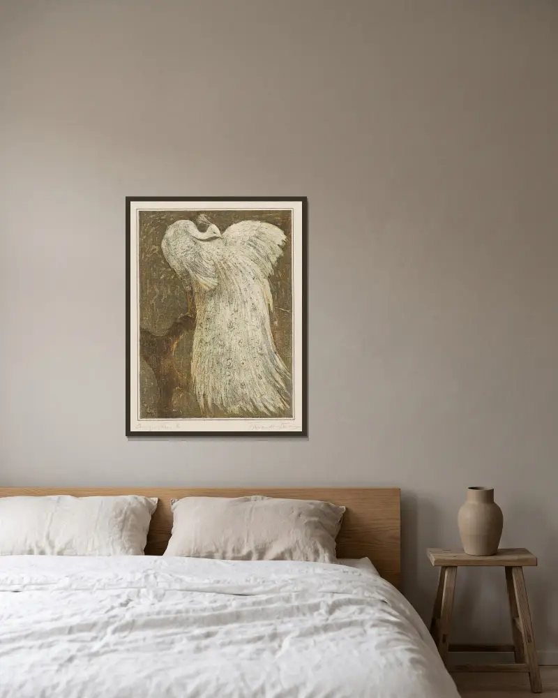 Weißer Pfau auf dem Dach von Theo van Hoytema gerahmt an einer Wand
