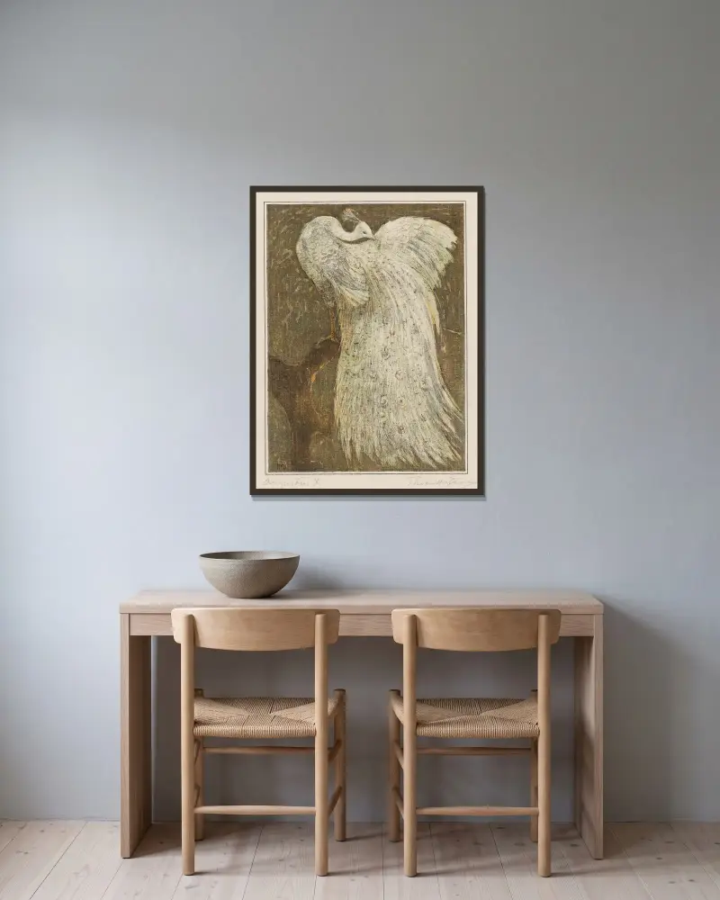 Weißer Pfau auf dem Dach von Theo van Hoytema gerahmt an einer Wand