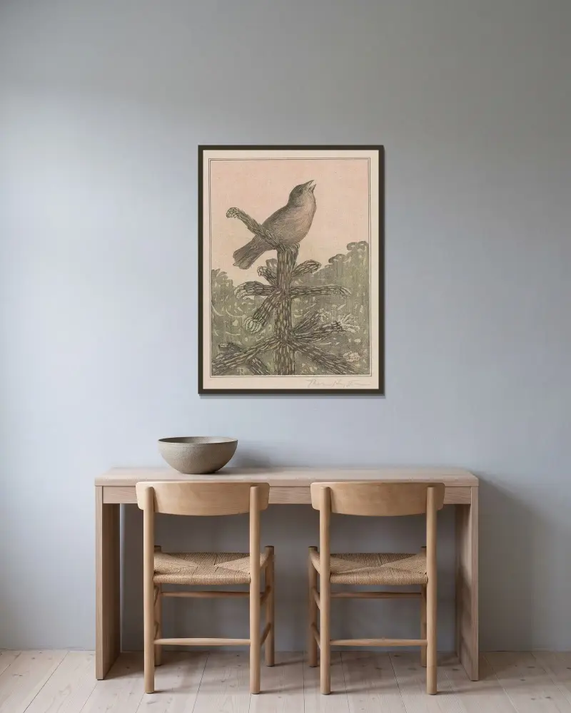 Singender Vogel auf Nadelbaum von Theo van Hoytema gerahmt an einer Wand