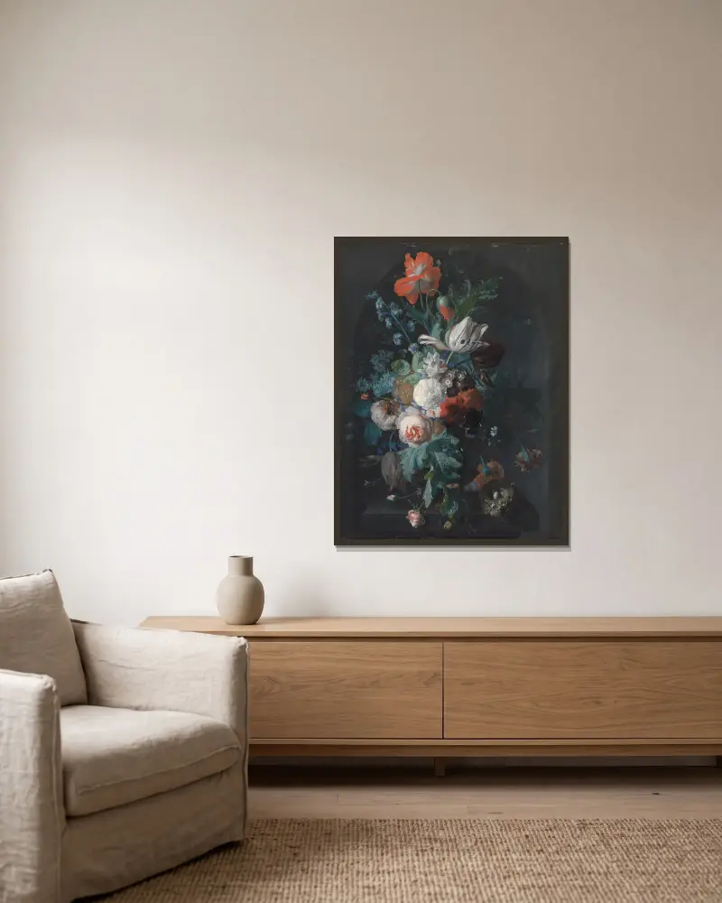 A Vase With Flowers av Jan van Huysum inramad på en vägg