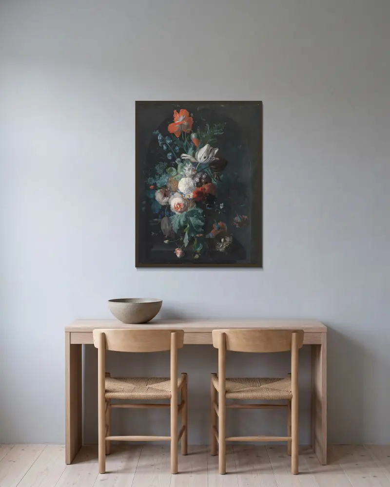A Vase With Flowers av Jan van Huysum inramad på en vägg