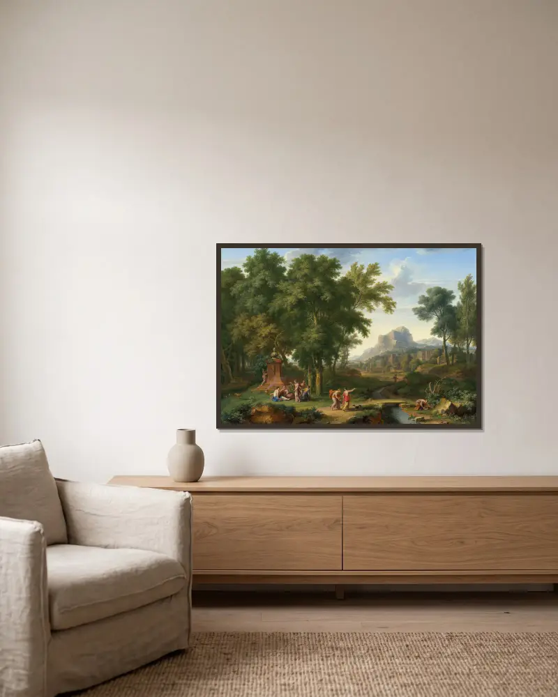 Arkadische Landschaft mit einer Büste der Flora von Jan van Huysum gerahmt an einer Wand