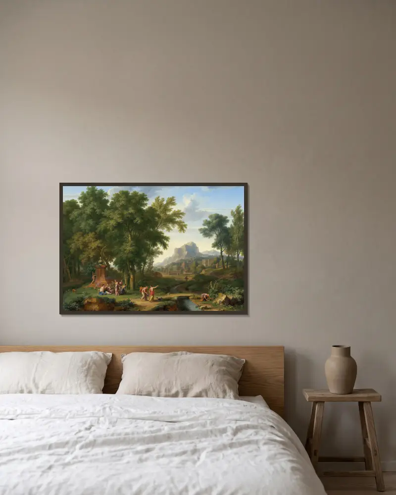 Arkadische Landschaft mit einer Büste der Flora von Jan van Huysum gerahmt an einer Wand