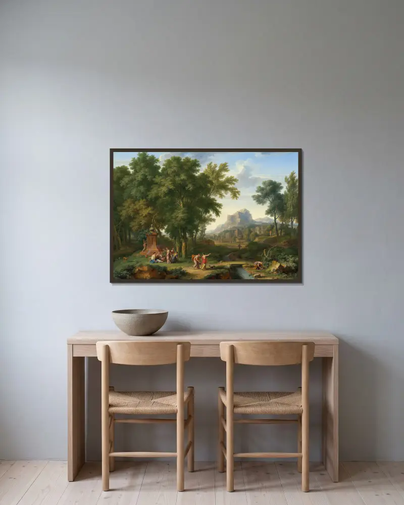 Arkadische Landschaft mit einer Büste der Flora von Jan van Huysum gerahmt an einer Wand