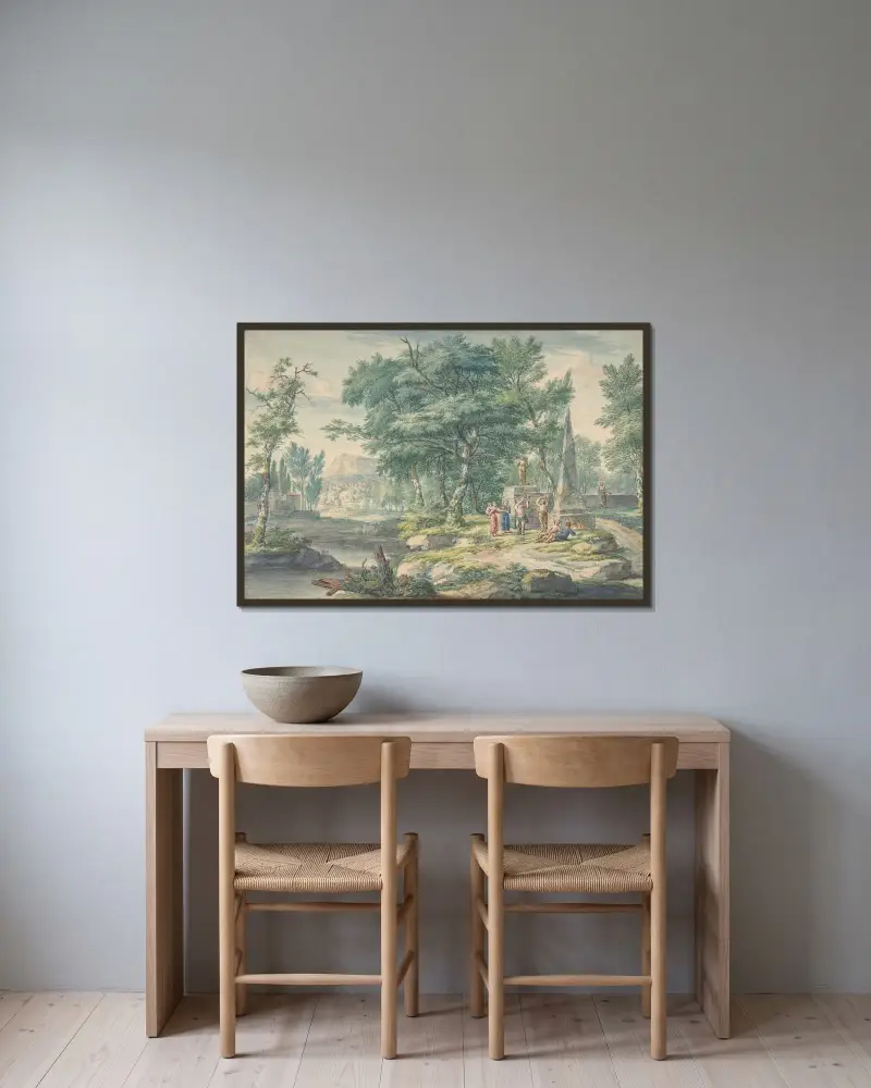 Arkadiskt landskap med musikspelande figurer av Jan van Huysum inramad på en vägg