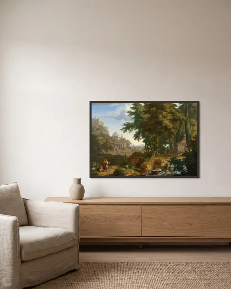 Arcadian Landscape with Saints Peter and John Healing the Lame Man av Jan van Huysum inramad på en vägg