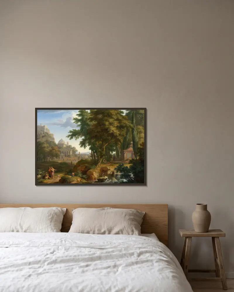 Arcadian Landscape with Saints Peter and John Healing the Lame Man av Jan van Huysum inramad på en vägg