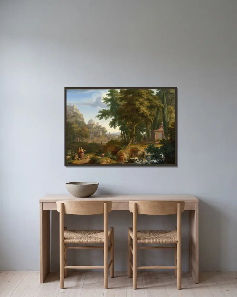 Arcadian Landscape with Saints Peter and John Healing the Lame Man av Jan van Huysum inramad på en vägg