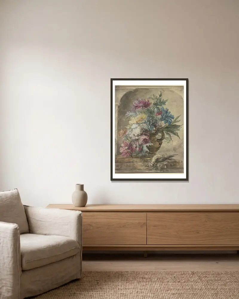 Blumenbouquet, dabei ein toter Vogel av Jan van Huysum inramad på en vägg