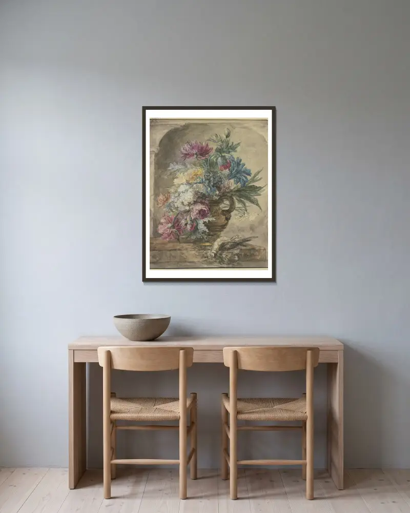 Blumenbouquet, dabei ein toter Vogel av Jan van Huysum inramad på en vägg