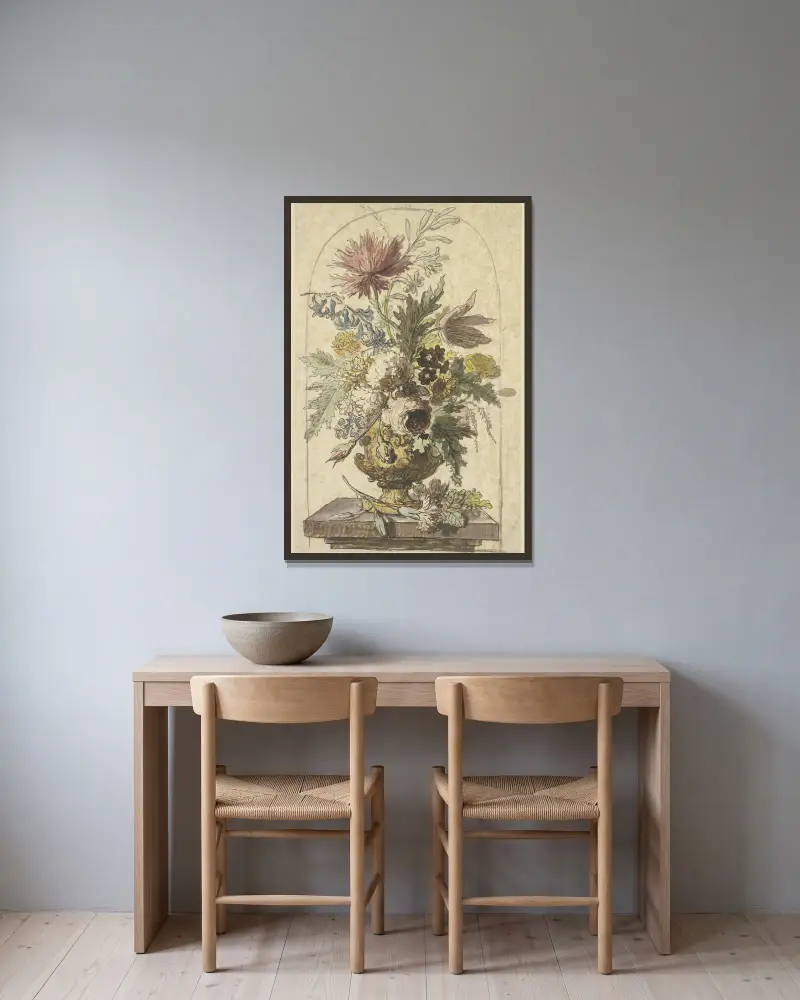 Blumenbouquet in einer Vase, vorne liegt eine Nelke av Jan van Huysum inramad på en vägg